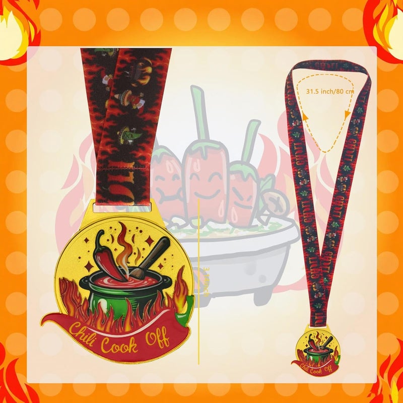 YUJUE 3 Pcs Chili Cook Off Medals Trophies Prizes, Chili Cook Off for 1st 2nd 3rd Place Medals, Chili Cook Off Premium Trophy Medals for Award Ceremony, Winner Medals with Neck Ribbon - Image 2